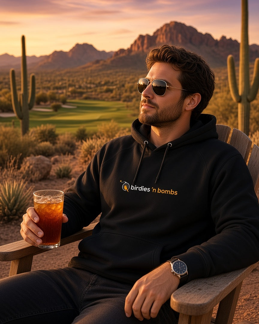 Golfer on a 19th hole patio in the black Birdies n' Bombs 19th Hoodie at sunset