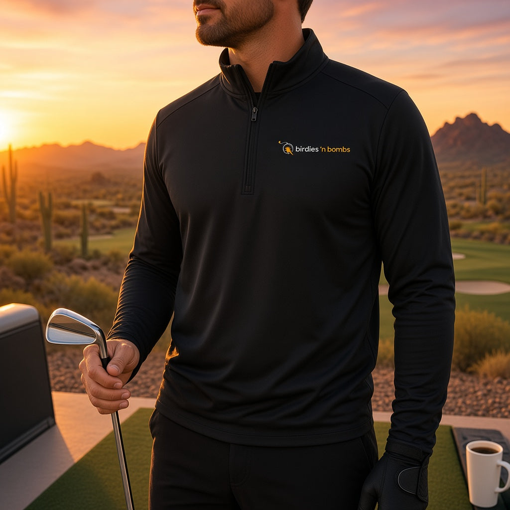 Golfer at a driving range at sunrise in the black Birdies n' Bombs Dawn Patrol quarter-zip pullover