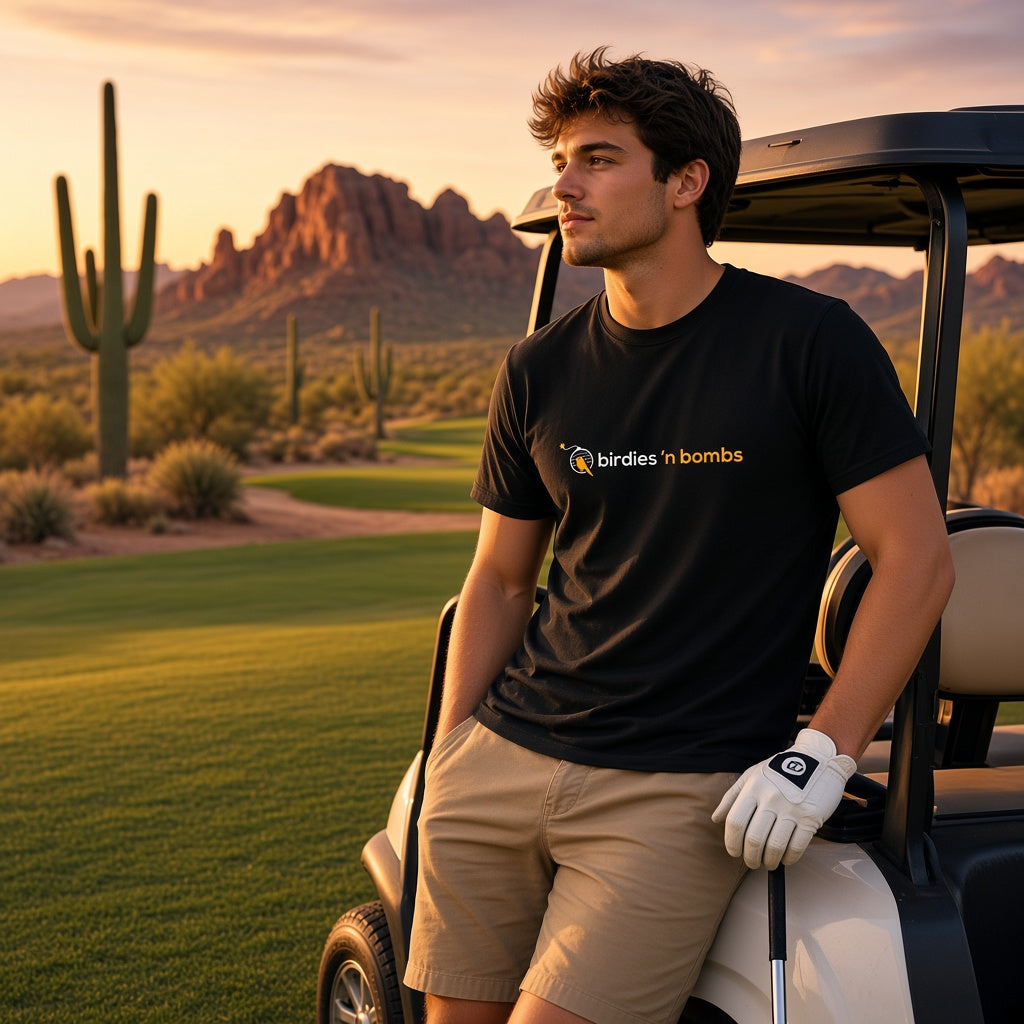 Golfer leaning on a golf cart in the black Birdies n' Bombs Range Tee heavyweight t-shirt